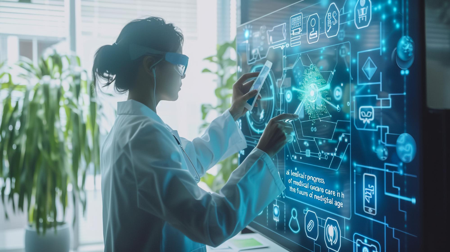 Doctor wearing smart glasses working on a large touch screen