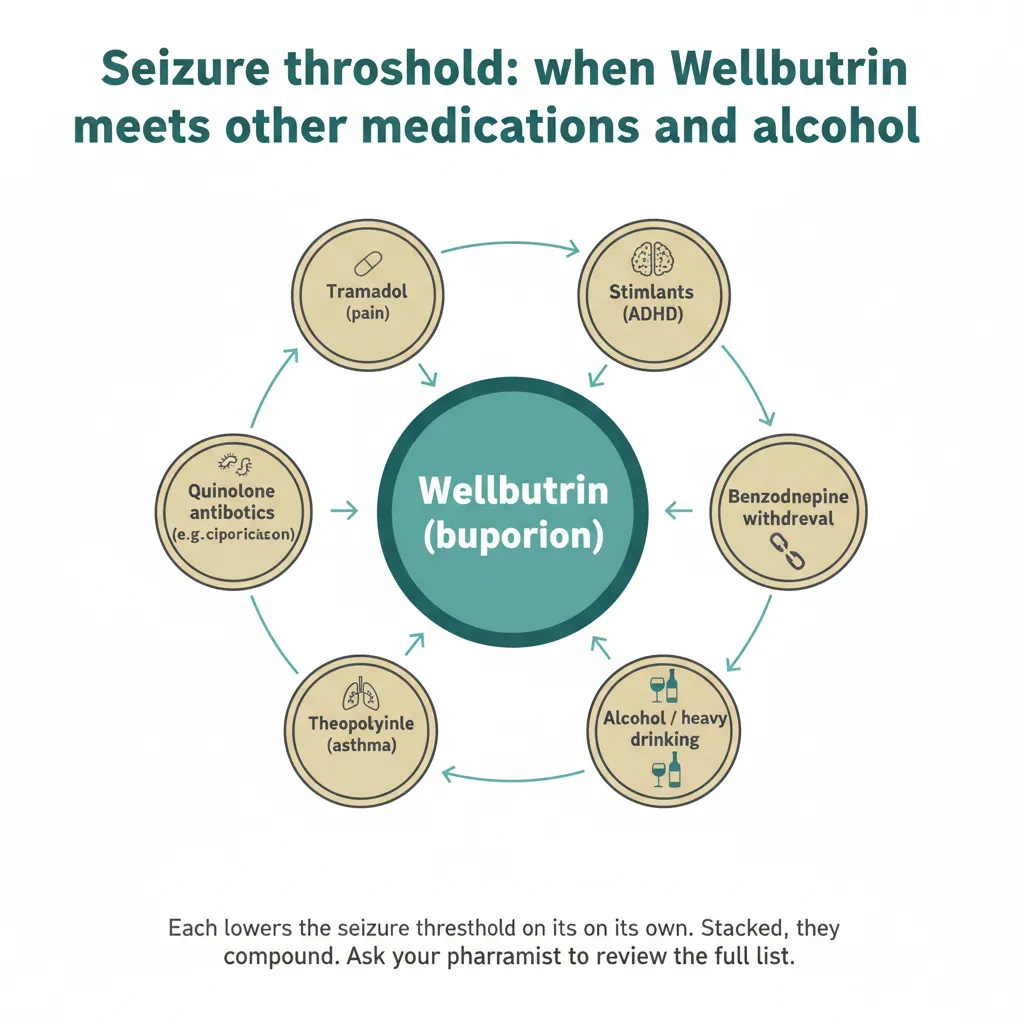 Infographic showing Wellbutrin (bupropion) at the center with arrows from tramadol, quinolone antibiotics, theophylline, stimulants, benzodiazepine withdrawal, and alcohol all lowering the seizure threshold