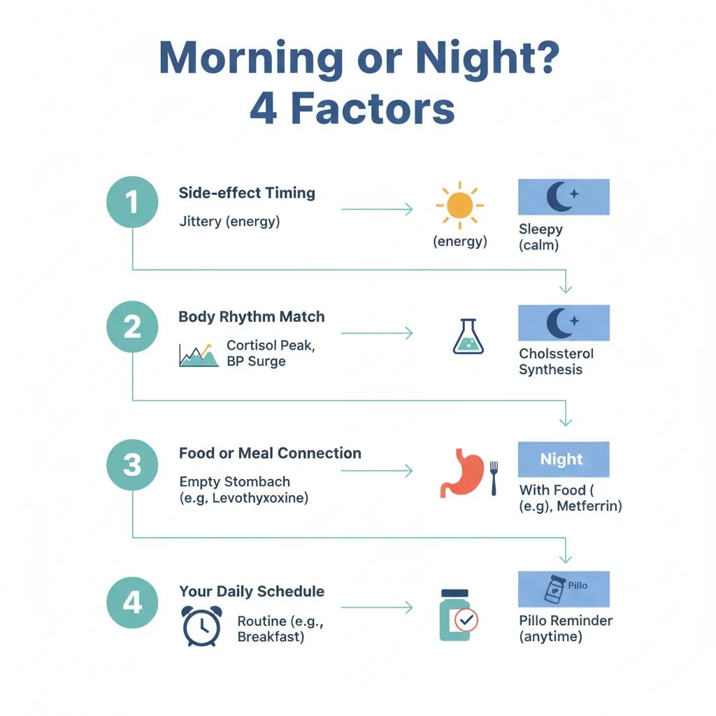 Decision tree titled Morning or Night? 4 Factors. Four numbered factors split to Morning or Night branches: side-effect timing, body rhythm match, food connection, daily schedule.