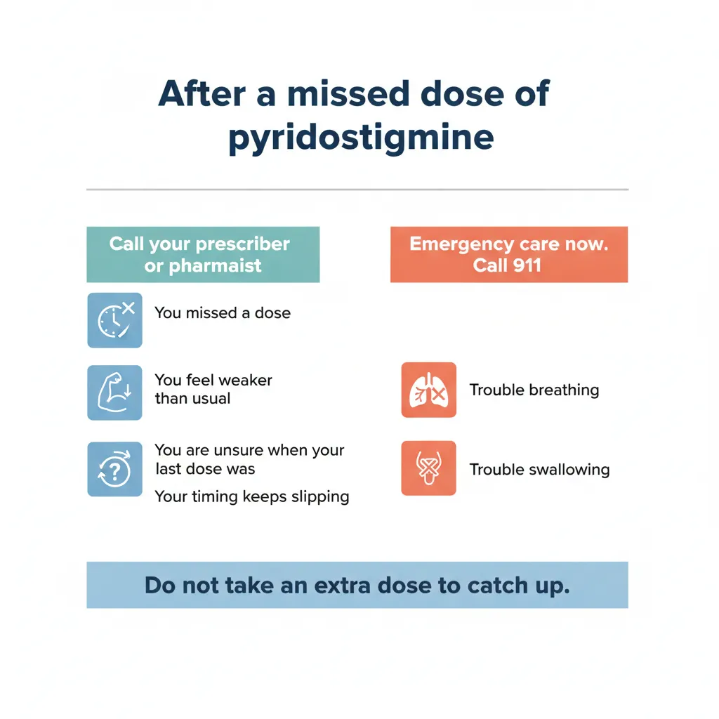 After a missed dose of pyridostigmine: when to call your prescriber and when to get emergency care