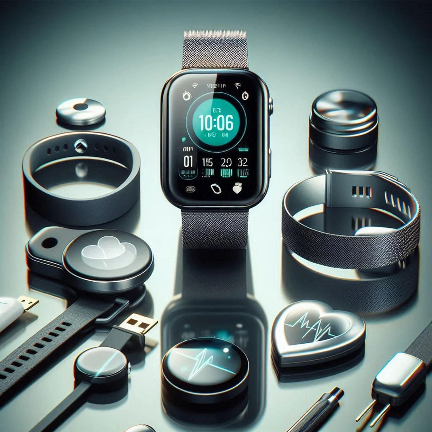 Different types of wearable technology on a metal table
